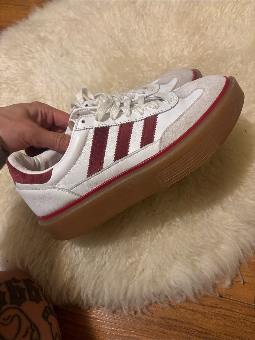 adidas White and Burgundy Platform Sneaker with Gum Sole